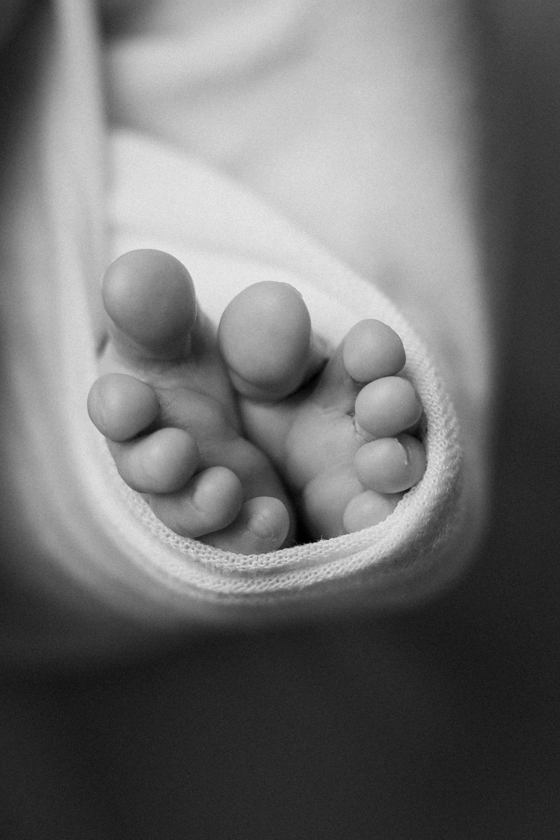 Piedini minuscoli che spuntano da una fascia morbida, dettaglio in bianco e nero molto ravvicinato